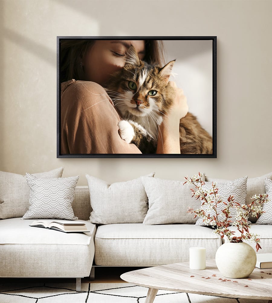 Foto einer Katze auf Leinwand mit Schattenfugenrahmen