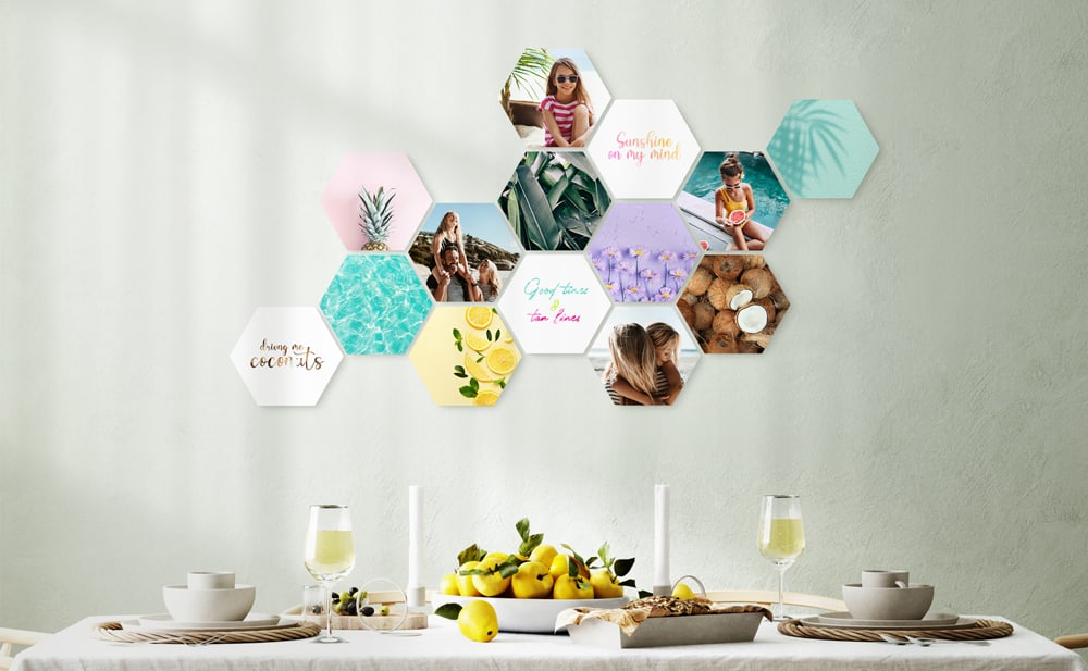 Shapes® Wandcollage mit bunten Hexagon-Fototafeln — lebendig, verspielt und flexibel anpassbar an deinen Stil.